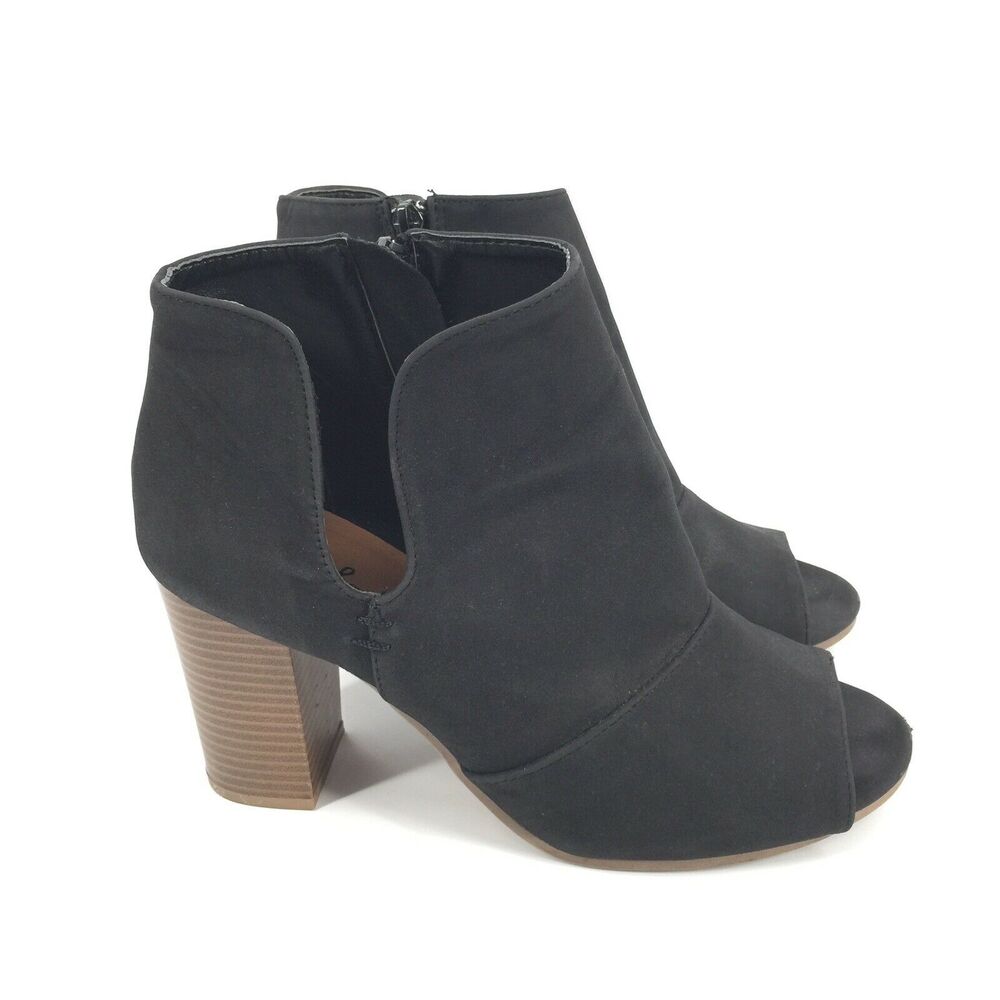 Qupid Faux Leather Open Toe Stacked Ankle Boots 9 Womens Solid Black Low Booties
